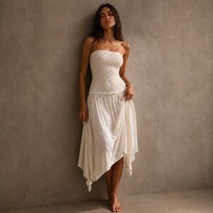 Anthropologie Smocked Strapless Cover Up Dress Open Back Midi XL NWT